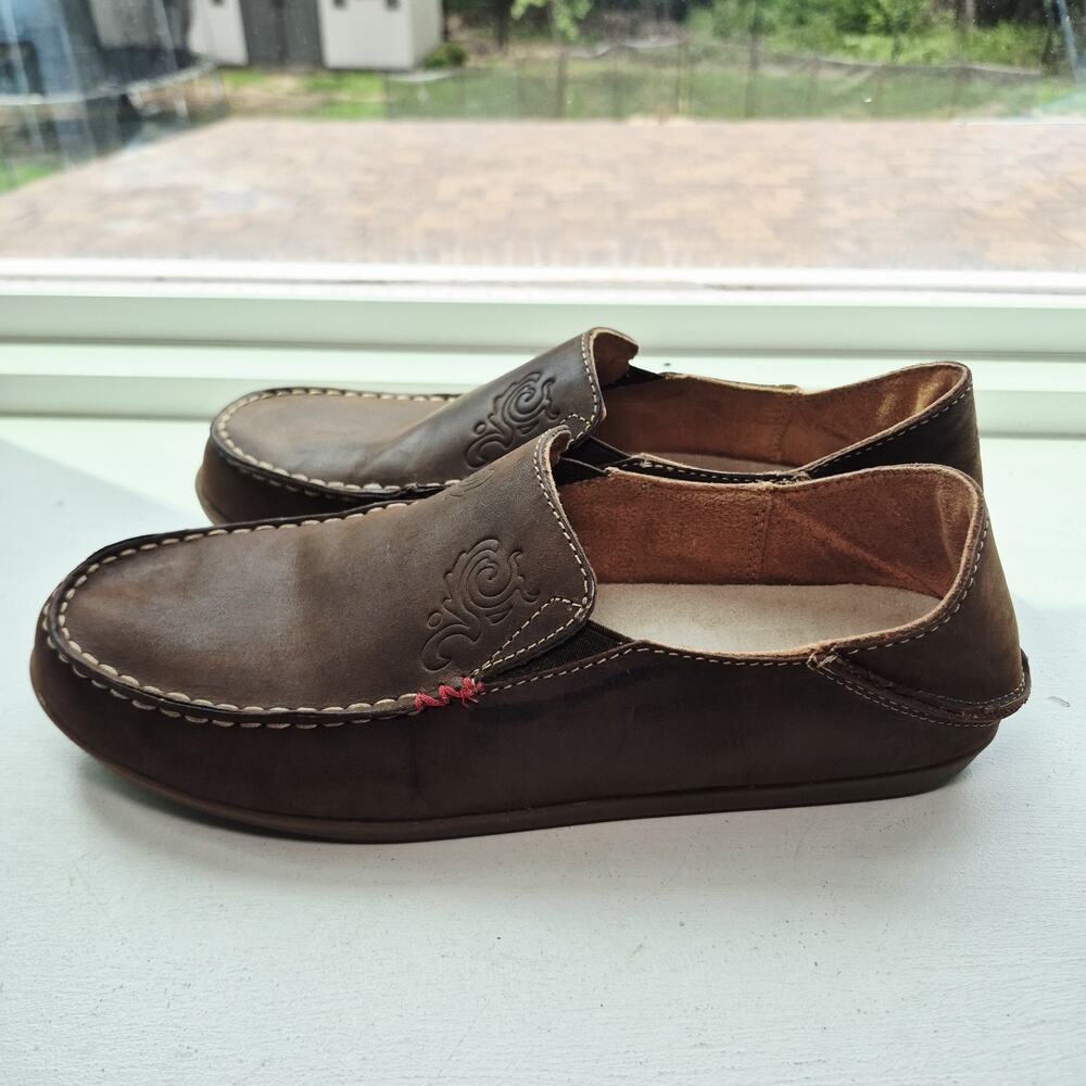 Olukai Nohea Womens Shoes US 10 Nubuck Brown Leather Slip on Loafers Drop Heels - Picture 3 of 9